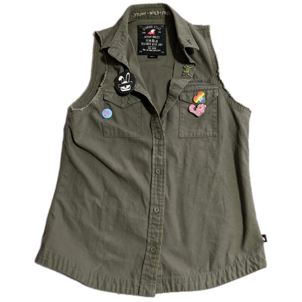 Glamour Kills Sleeveless Button Up Shirt Womens‎ S Army Green Punk Peace Vibes
